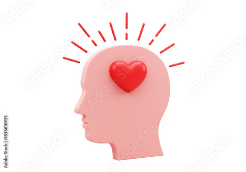Isolated 3D Render of a Human Head with Red Heart and Rays for Love Thoughts