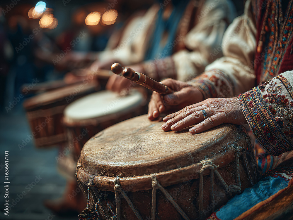 Fototapeta premium Close-up of traditional instruments being played during the parade - hands beating a tabal drum and blowing a dolçaina. Focus on textures of worn wood and embroidered cuffs.