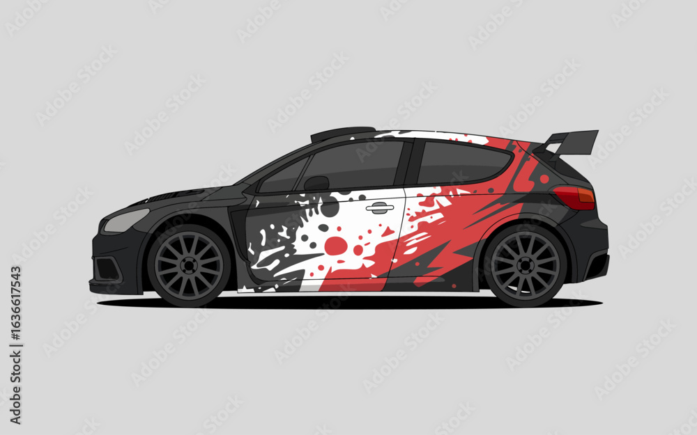 Naklejka premium Black Rally Car with Red and White Splash Graphics – Motorsport Vector Design.