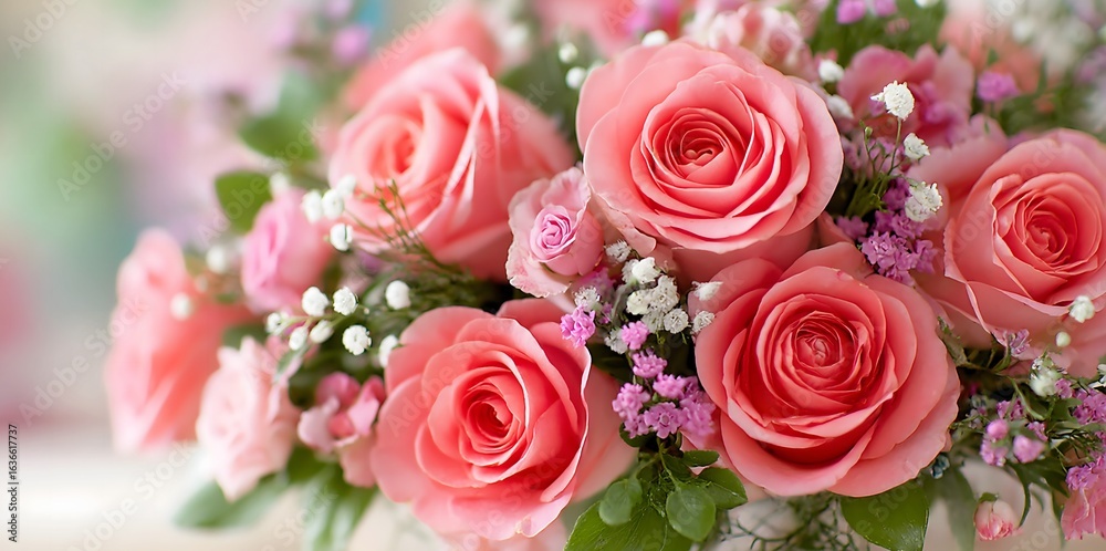 Obraz premium Beautiful pink rose bouquet close-up, romantic floral arrangement with baby's breath, perfect for celebration, wedding, and Mother's Day concepts.