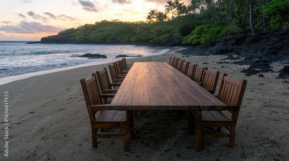 Fototapeta premium Elegant wooden dining table set on a serene beach at sunset surrounded by tropical trees and ocean waves in a tranquil outdoor setting
