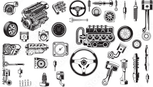 Automotive Engine Parts and Steering Wheels Collection automobile motor