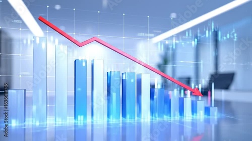 Animated Recession: Declining Bar Graph with Red Arrow in Modern Office Setting