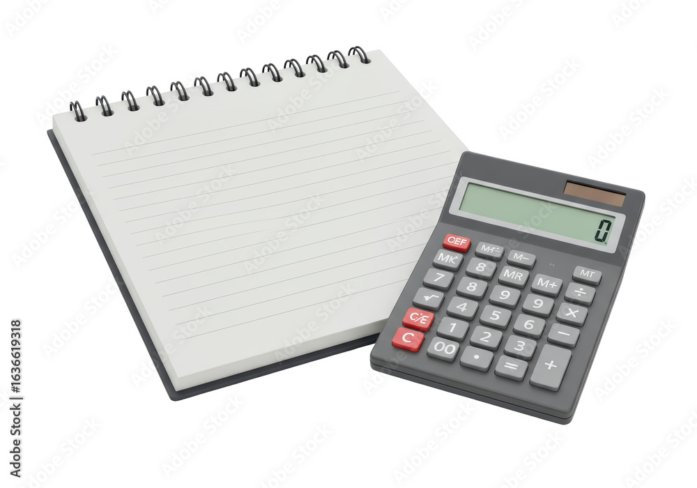 Isolated 3D Render of an Open Spiral Notebook and a Calculator Isolated 3D Render of an Open Spiral Notebook and a Calculator