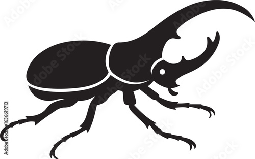 Rhinoceros beetle silhouette black on white, Insect vector with horns black and white