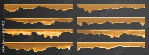 Liquid melted honey with caramel drip drops and realistic splash effects. Golden syrup flow and sticky toffee patterns for dessert backgrounds. Transparent 3D vectors or sweet cartoon sets.