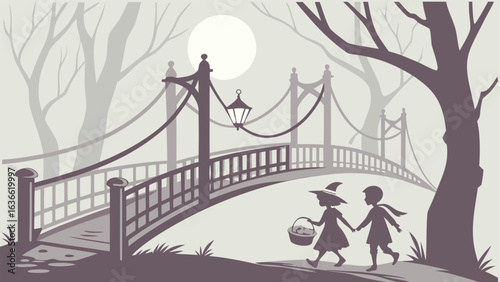 Two children in silhouette one dressed as a witch walk hand in hand across a bridge under a full moon and a gas lamp