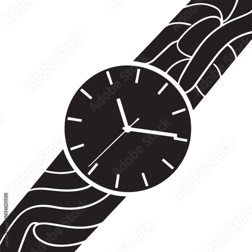 Black wristwatch with patterned strap on white background time clock