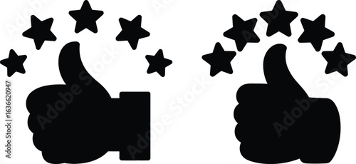 Two black thumbs up icons with stars symbolizing excellent rating and positive feedback