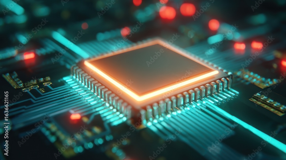 Fototapeta premium Glowing computer chip on circuit board