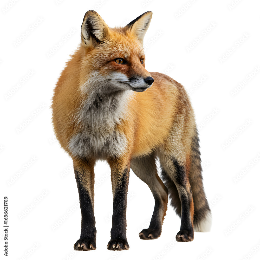 Fototapeta premium Red Fox in the Spotlight: A stunning, full-body shot of a sleek, red fox, its fur a vibrant tapestry of orange and white, standing regally, exuding the untamed spirit of the wilderness.