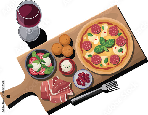Aromatic Italian Food Platter with Pizza, Wine, and Antipasto
