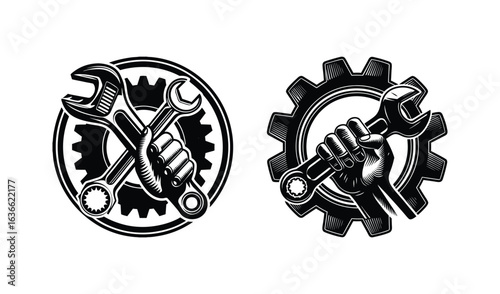 Two stylized emblems featuring crossed wrenches and gears symbolizing mechanics and engineering