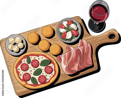 Delicious Italian Appetizers and Pizza Platter Illustration