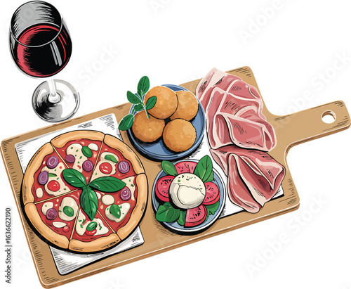 Italian Appetizer Platter with Pizza, Wine, and Meats