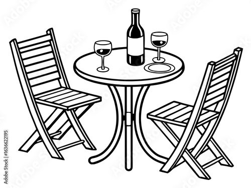 “Create a flat-lay style line drawing of a round dining table for two. Include two slatted chairs, a centered wine bottle, and two wine glasses, all in a black and white palette.”