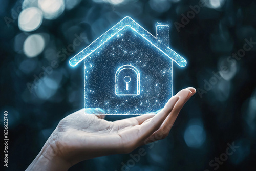 Glowing House Icon Symbolizing Home Security and Protection Concept