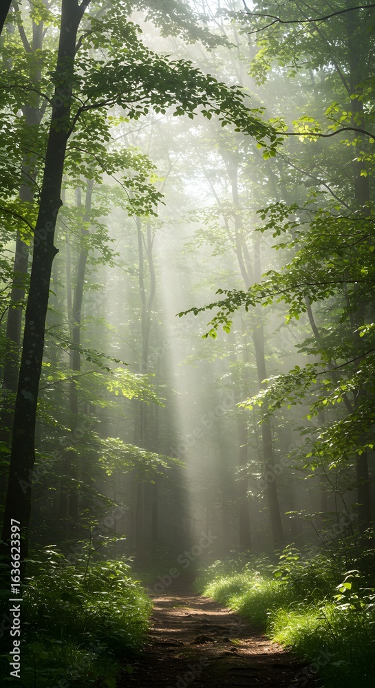 Fototapeta premium Sunlight streams through a lush green forest, illuminating a path and creating a serene, ethereal atmosphere.