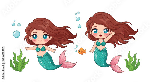 Vector art of two cute cartoon mermaids with brown hair and blue eyes swimming in the ocean with a fish and seaweed, isolated on white background