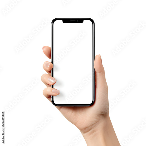 Close up of a woman s hand holding a modern smartphone with a blank white screen isolated on transparent background