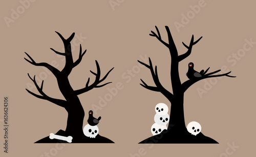Set of Halloween black dead tree and white skull. 
Fall Halloween scary tree flat stock vector illustration design.
Good for greeting card,poster, banner, leaflet.