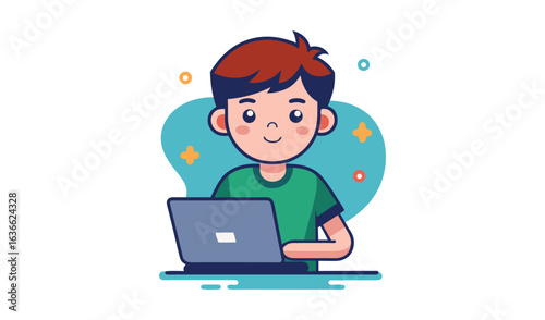 Young boy happily working on a laptop computer with a friendly expression