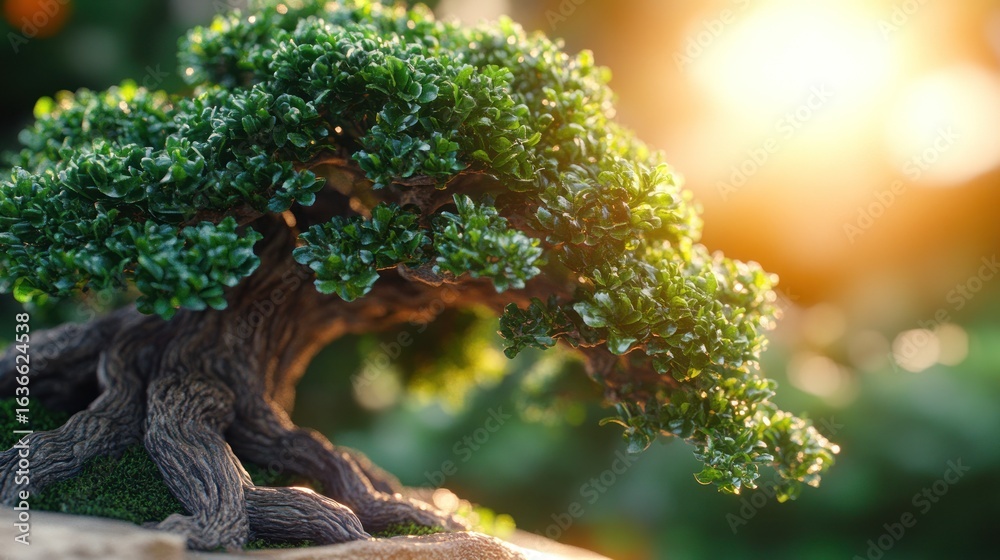 Obraz premium Bonsai tree in sunlit garden