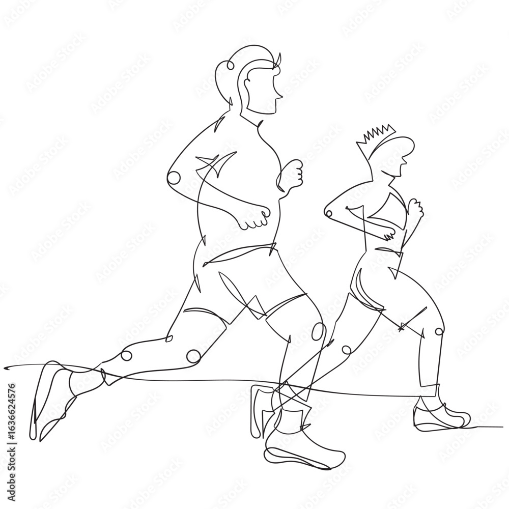 Fototapeta premium Continuous lines running exercises Marathon sports health design hand hand-drawn vector illustration.