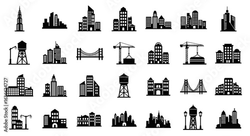 Diverse urban landscape: A collection of architectural city skyline vector silhouettes