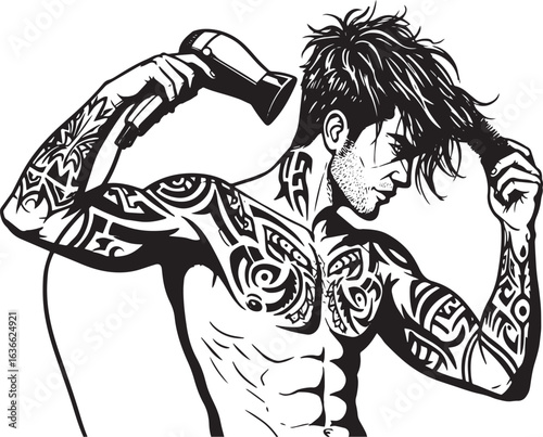 Stylized illustration of a tattooed man blow-drying and combing