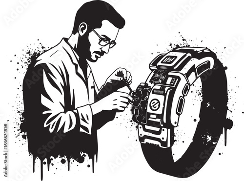 Man repairs advanced wearable technology with careful precision