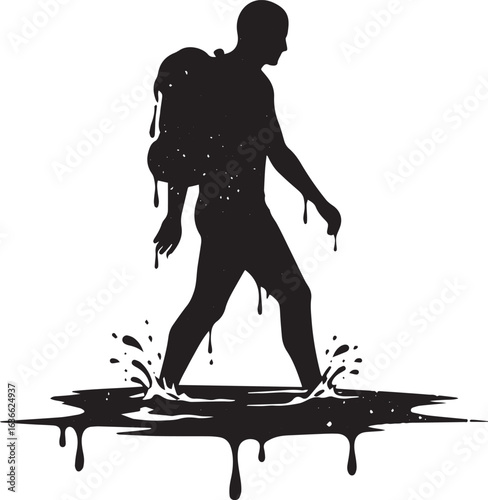 Silhouette art of a man wading through a dark, liquid-like subst