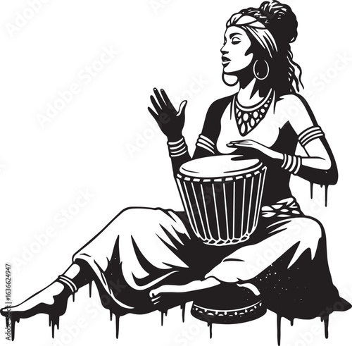 Monochrome illustration of woman playing drum with ethnic decora