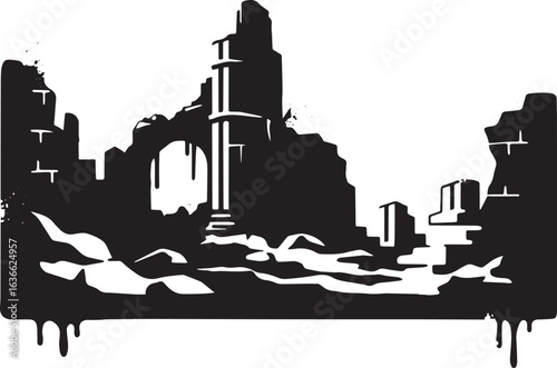 Striking monochrome illustration of derelict ruins and architect