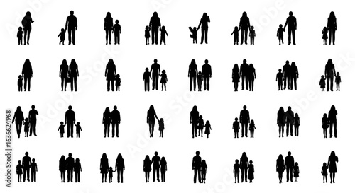 Silhouetted family groupings, various poses and positions shown in black