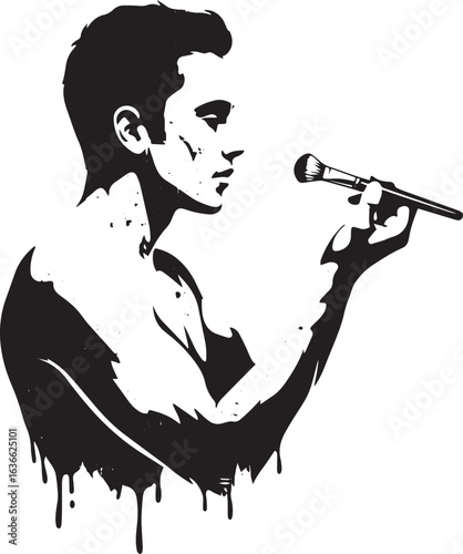 Monochrome graphical representation of a man applying makeup wit