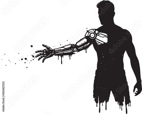 Abstract silhouette of a man with cybernetic arm reaching out in