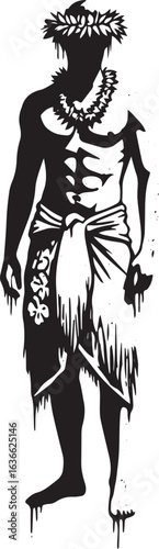 Monochrome depiction of a Tahitian man in traditional attire wit