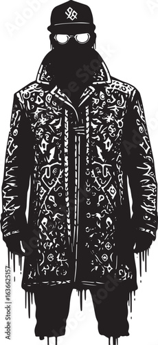 Mysterious figure in patterned coat embodying urban art and anon