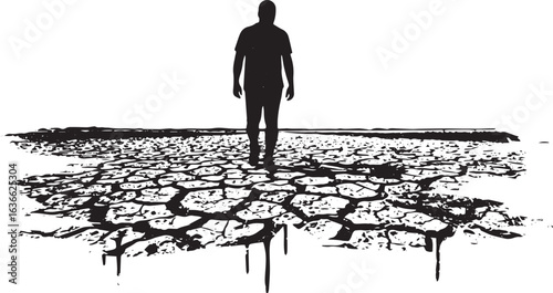 Monochrome silhouette of a man walking on cracked earth with ari