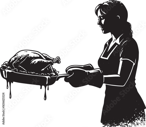 Vintage style illustration of woman serving a roasted turkey din
