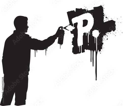 Silhouette artist spraying letter on the wall with graffiti art
