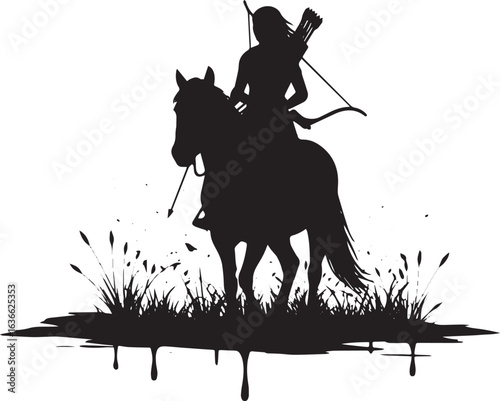 Silhouette of a female archer riding a horse through wild grass