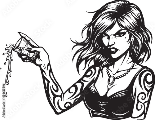 Tattooed woman with a menacing glare deliberately spilling a dri