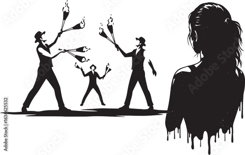 Intriguing silhouette of a woman watching fire jugglers in monoc