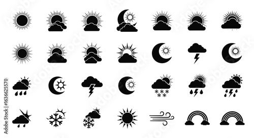 Diverse collection of weather icons in minimalistic black and white style.