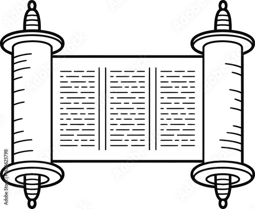 Ancient jewish torah scroll with hebrew text and decorative rollers