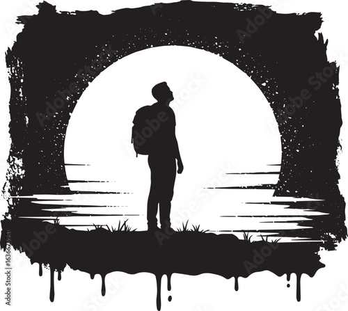 Silhouette of a solitary traveler gazing towards the horizon und