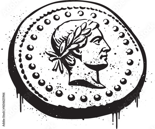 Vintage monochrome coin with roman emperor portrait in splatter