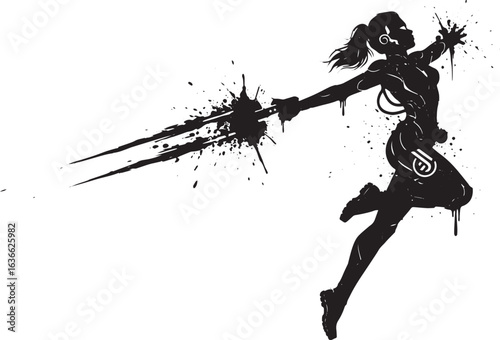 Futuristic female warrior wielding energy blades in striking bla